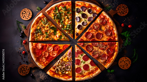 Professional food photography of different kinds slices in one pizza, decorated with seasonings, view from top