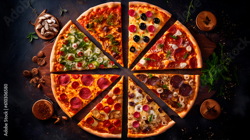 Professional food photography of different kinds slices in one pizza, decorated with seasonings, view from top