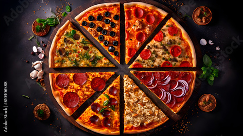 Professional food photography of different kinds slices in one pizza, decorated with seasonings, view from top