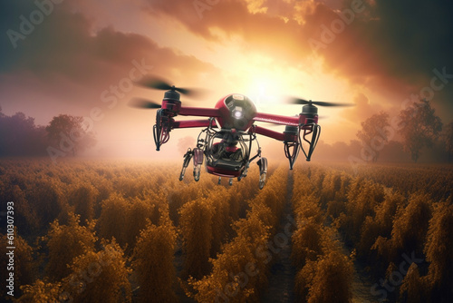 Agricultural drone soaring gracefully over a lush cultivated field. This artwork captures the essence of a revolutionary farming technique. Ai generated
