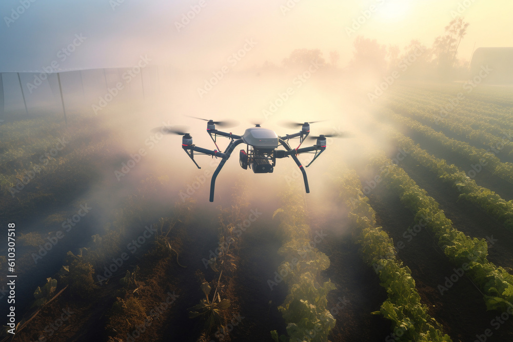 Fototapeta premium Agricultural drone soaring gracefully over a lush cultivated field. This artwork captures the essence of a revolutionary farming technique. Ai generated