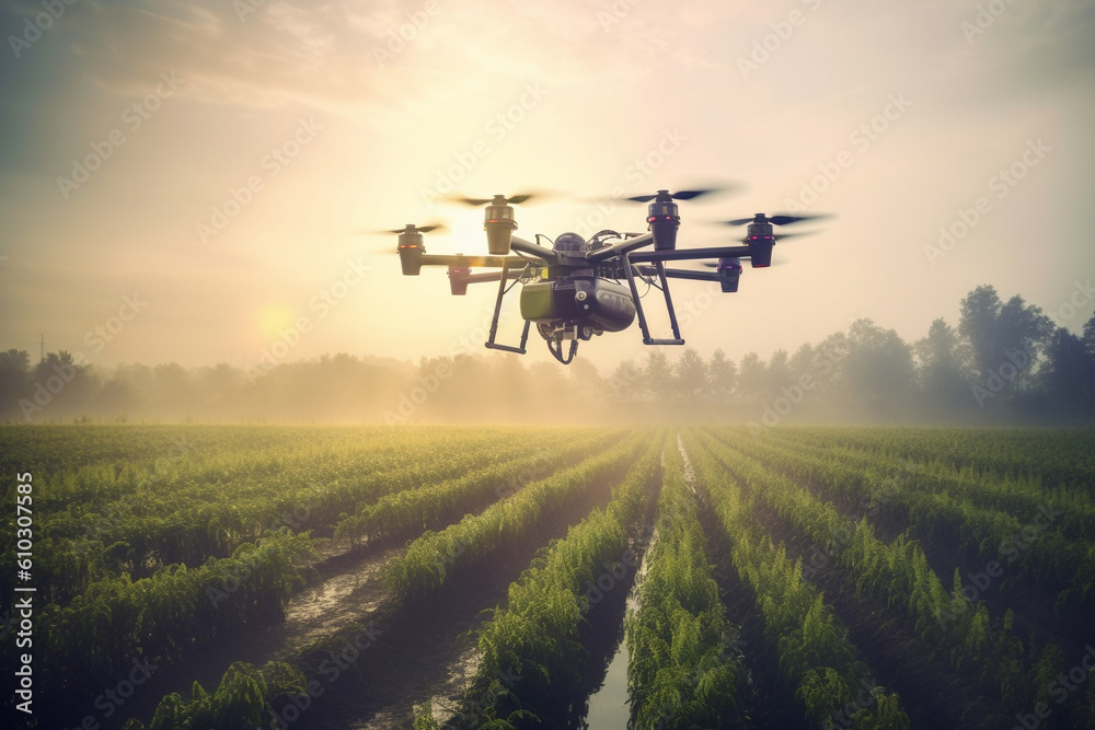Agricultural drone soaring gracefully over a lush cultivated field. This artwork captures the essence of a revolutionary farming technique. Ai generated Agricultural drone soaring gracefully over a lush cultivated field. This artwork captures the essence of a revolutionary farming technique. Ai generated