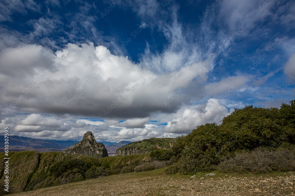 Fototapeta premium Meteora, Greece, majestic view from the famous pilgrimage nature and monastery heavenly cluster.
