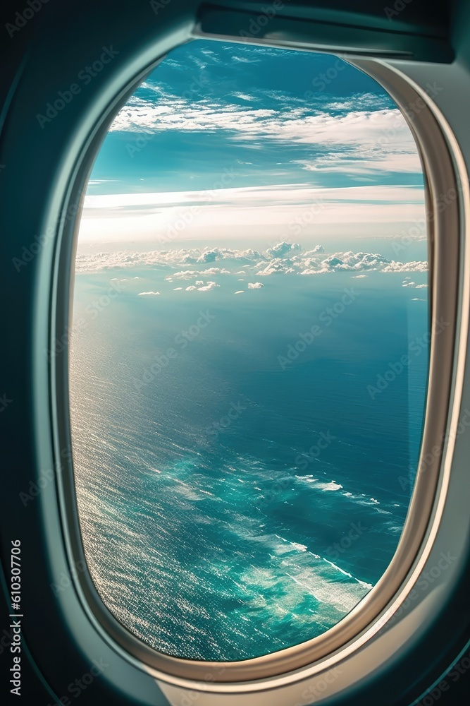 View from the airplane window on the sea and blue sky with clouds. generative AI