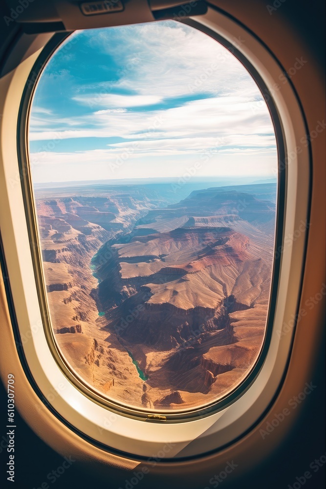 View from the airplane window on Grand Canyon National Park, Arizona, USA, travel advertising shot. generative AI