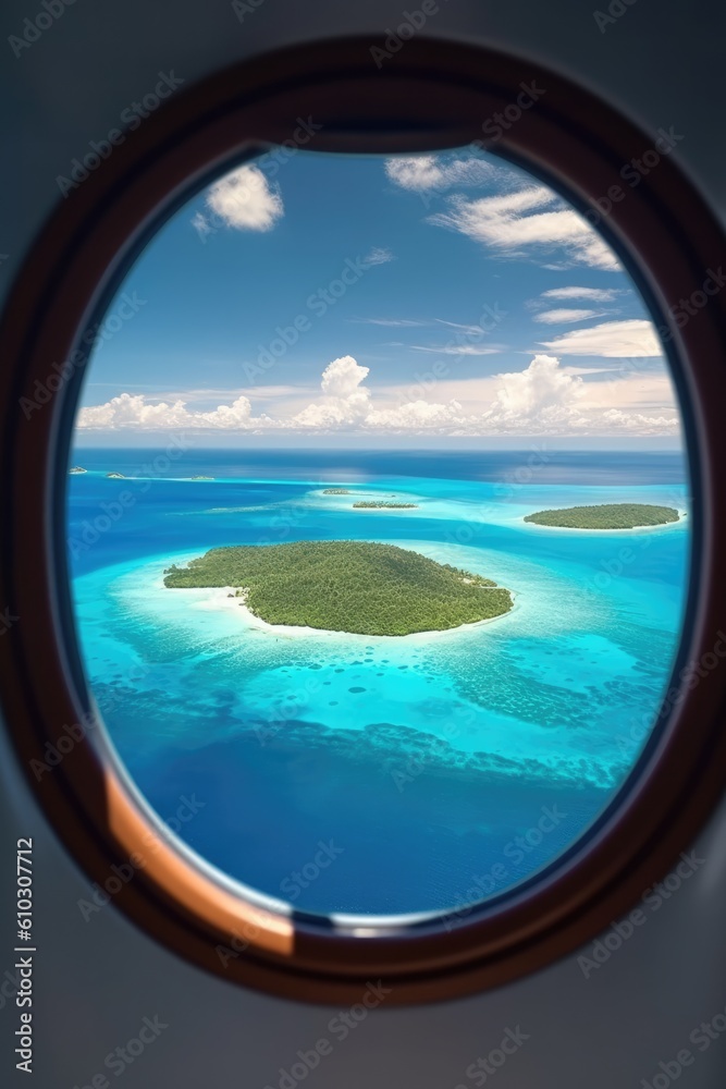 Aerial view of a tropical island in the Maldives through an airplane window. generative AI Aerial view of a tropical island in the Maldives through an airplane window. generative AI