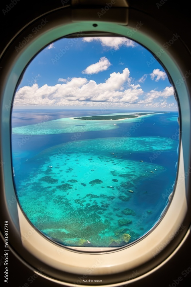 Fototapeta premium View from the porthole of an airplane window on the ocean, coral reef around an atoll. generative AI