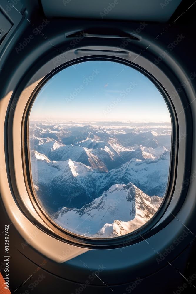 View from the porthole of an airplane over the Alps covered by snow, during a winter cold sunny day. generative AI View from the porthole of an airplane over the Alps covered by snow, during a winter cold sunny day. generative AI