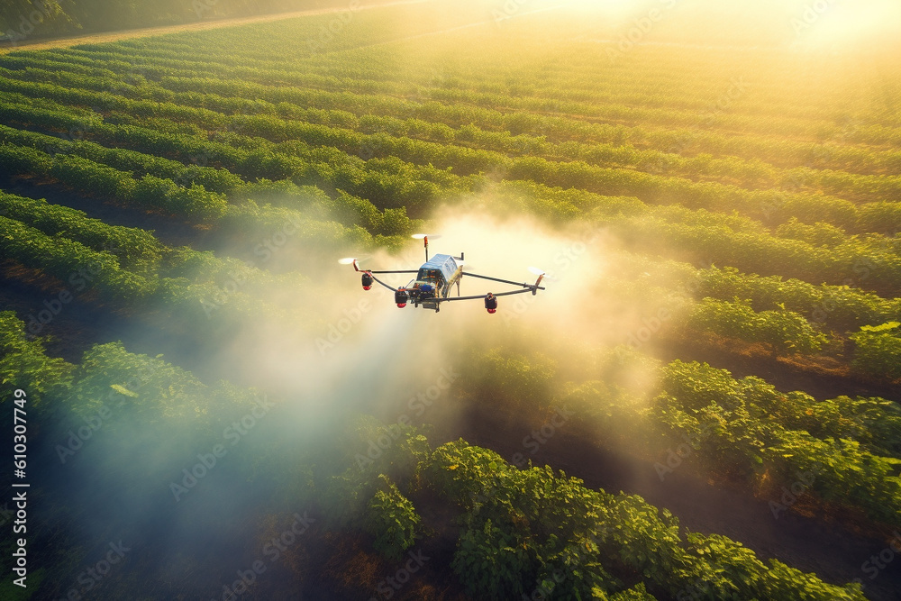 Fototapeta premium Agricultural drone soaring gracefully over a lush cultivated field. This artwork captures the essence of a revolutionary farming technique. Ai generated
