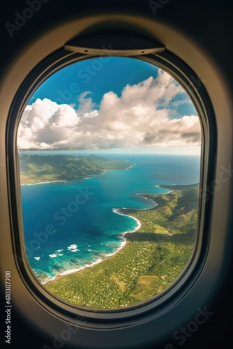 View from the airplane window on the sea and mountains in the background. hawaiian coast. generative AI © matteo
