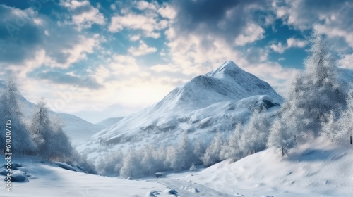 a beautiful winter landscape with snow-capped mountains and fantastic weather with a blue sky. Generative AI
