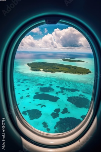 View from the porthole of an airplane window on tropical islands. generative AI © matteo
