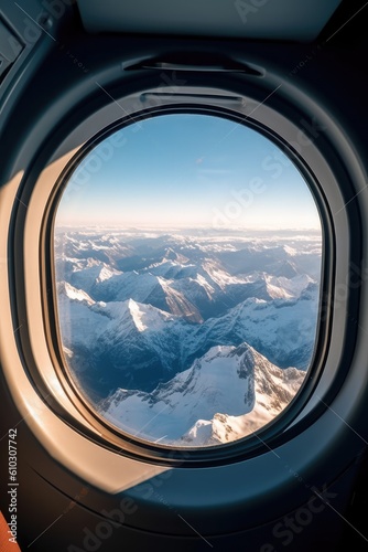 View from the porthole of an airplane over the Alps covered by snow, during a winter cold sunny day. generative AI