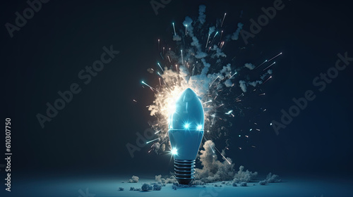 an exploding lightbulb isolated on blue background. ideas concept. Generative AI