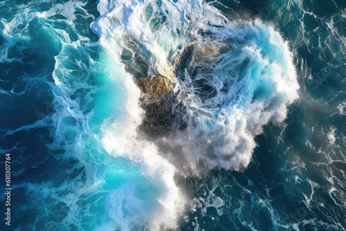 Aerial view of stormy sea with big waves and splashes. generative AI