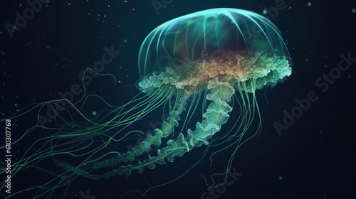A jellyfish in the deep sea isolated on black background. Generative AI © jr-art