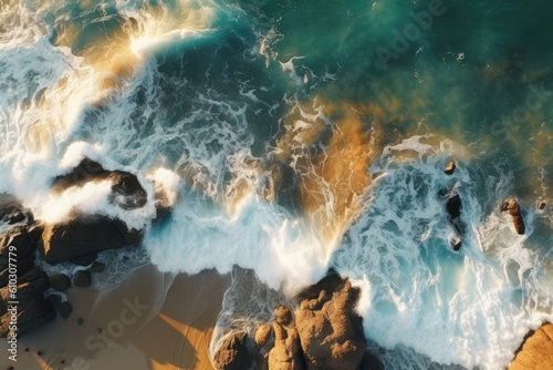 Aerial view of the ocean waves crashing on the rocky coastline. the power of the ocean. generative AI