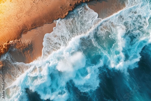 Aerial view of ocean waves crashing on sandy beach. Top view. generative AI