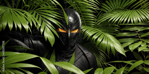 Black super hero hidden in jungle created with Generative AI technology