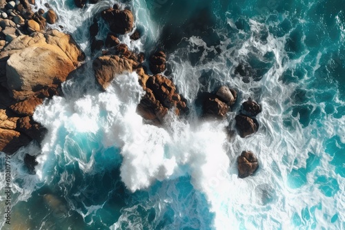 Aerial view of ocean waves crashing on the rocks. Top view. generative AI © matteo