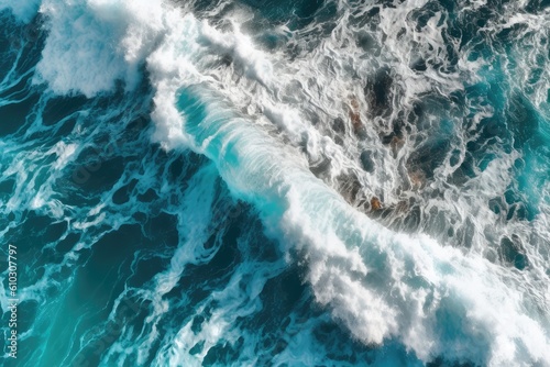 Aerial view of blue sea with waves and foam. Natural background. generative AI