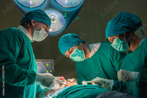 Team of surgery doctor in Operating Room, Assistant Hands out Instruments to Surgeons During Operation. doctor and nurse surgeons in green gown coat at hospital operating theater.