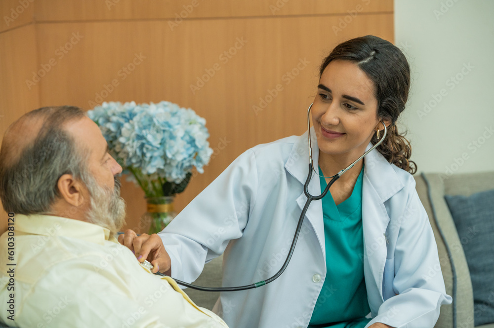 Woman doctors use stethoscope listening pulse examining patient check