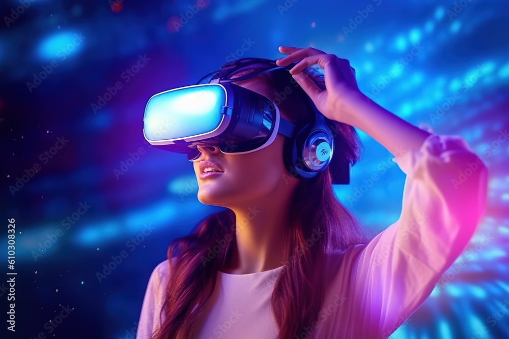 A woman wearing virtual reality glasses. Background future technologies.