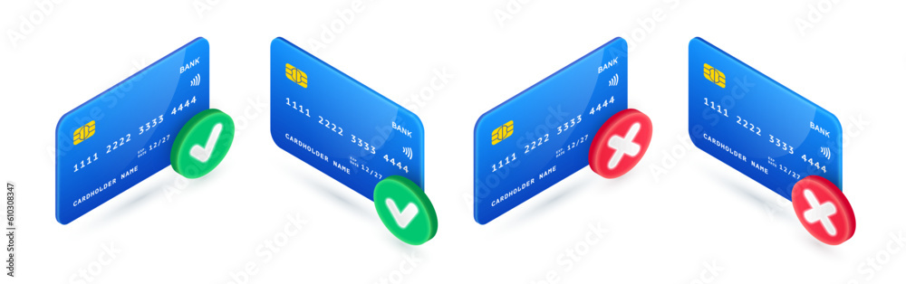 Vector Online Payment 3D icons set. Isometric credit card with green ...