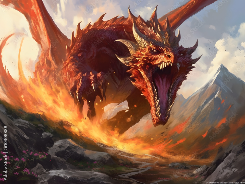 Red giant dragon breathing fire on dark background. Mythology creature ...