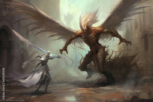 Battle between an angel and a demon. This artwork brings to life the eternal struggle between good and evil, showcasing the intensity, power, and ethereal beauty. Ai generated photo