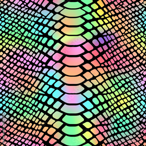 Trendy rainbow snake skin vector seamless pattern. Neon wild animal reptile skin, shiny rainbow gradient repeat texture on black background for fashion print design, wrapping paper, wallpaper.