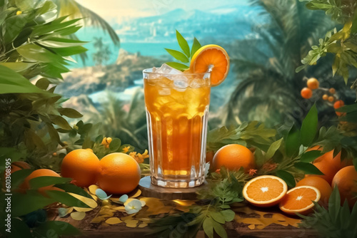 Fresh orange juice in a glass surrounded by fresh orange slices, amidst nature. generative AI.