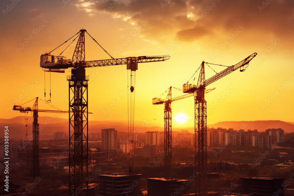 Construction site bathed in the warm glow of a mesmerizing sunset. Witness the colossal presence of giant construction cranes reaching towards the sky. Ai generated
