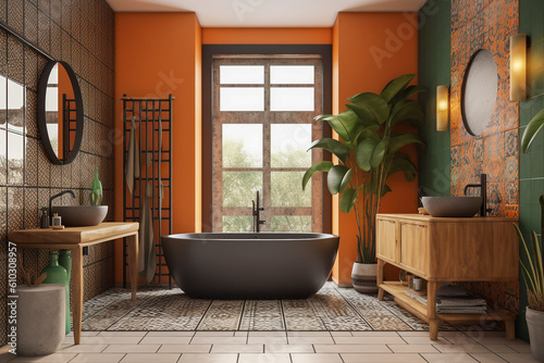 Cozy bathroom with plants. Orange, green and black colors. African eco interior design. Super photo realistic background, generative ai illustrarion © Anna