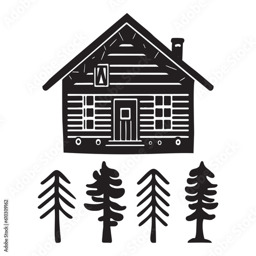 Fotografía Set of log cabin and alpine fir tree vector illustrations