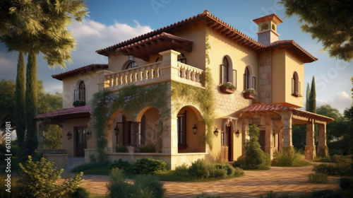 a large mediterranean style house. summer vacation concept. Generative AI