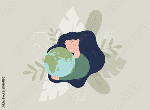 Young cartoon beautiful woman with long hair hugging the planet. Vector isolated design element in flat style, Concept of mother earth and conservation of nature.