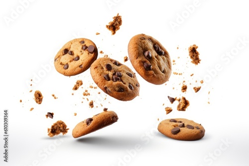 Chocolate chip cookies flying on a white background, isolate cookies for illustration. Generative AI