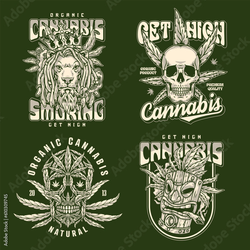 Cannabis weed monochrome set poster