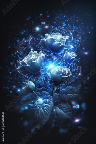 Blue rose night flashing starlight Background wallpaper image AI generated art