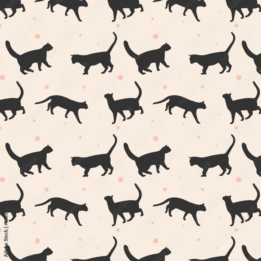 Simple vector seamless pattern with cat silhouette vector illustration, flat design with cats on background