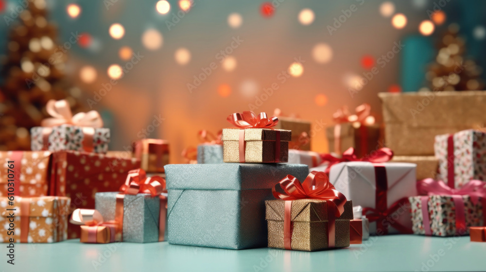 Many gift boxes, tied velvet ribbons an blurred background. Many gift boxes, tied velvet ribbons an blurred background.