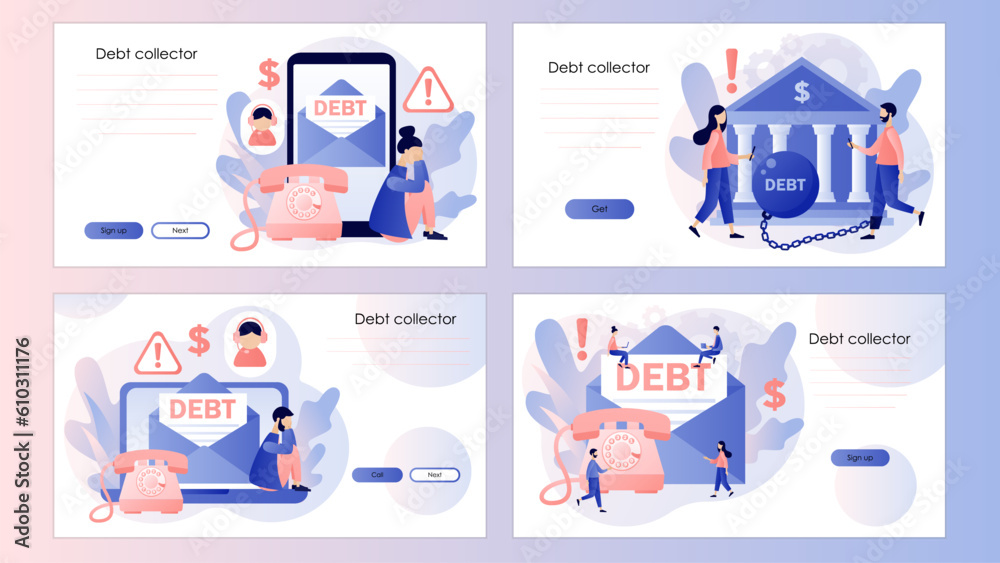 Fototapeta premium Debt collection. Financial problems, debts and loans. Letter from collector agency. Screen template for landing page, template, ui, web, mobile app, poster, banner, flyer. Vector illustration