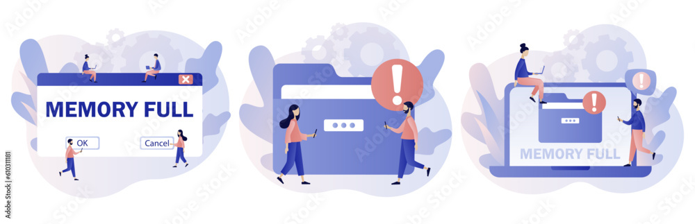 Memory space full notification. Cleaning mobile phone or computer memory or storage. Folder full. Modern flat cartoon style. Vector illustration on white background Memory space full notification. Cleaning mobile phone or computer memory or storage. Folder full. Modern flat cartoon style. Vector illustration on white background
