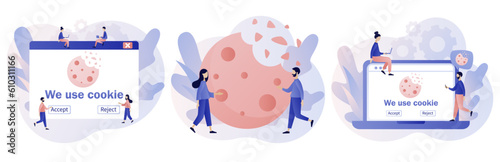 We use cookies policy notification pop up. Protection of personal information cookie. Confidential Information. Modern flat cartoon style. Vector illustration on white background