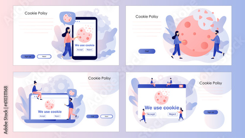 We use cookies policy notification pop up. Protection of personal information cookie. Screen template for landing page, template, ui, web, mobile app, poster, banner, flyer. Vector illustration