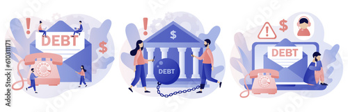 Debt collection. Financial problems, debts and loans. Letter from collector agency. Tiny people who doesn't pay bills. Modern flat cartoon style. Vector illustration on white background
