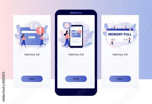 Memory space full notification. Cleaning mobile phone or computer memory or storage. Folder full. Screen template for mobile, smartphone app. Modern flat cartoon style. Vector illustration
