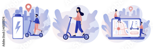 Electric scooter rental concept.  Ecological transport. Urban transportation. Modern lifestyle. Tiny people ridу electric scooter. Modern flat cartoon style. Vector illustration on white background
